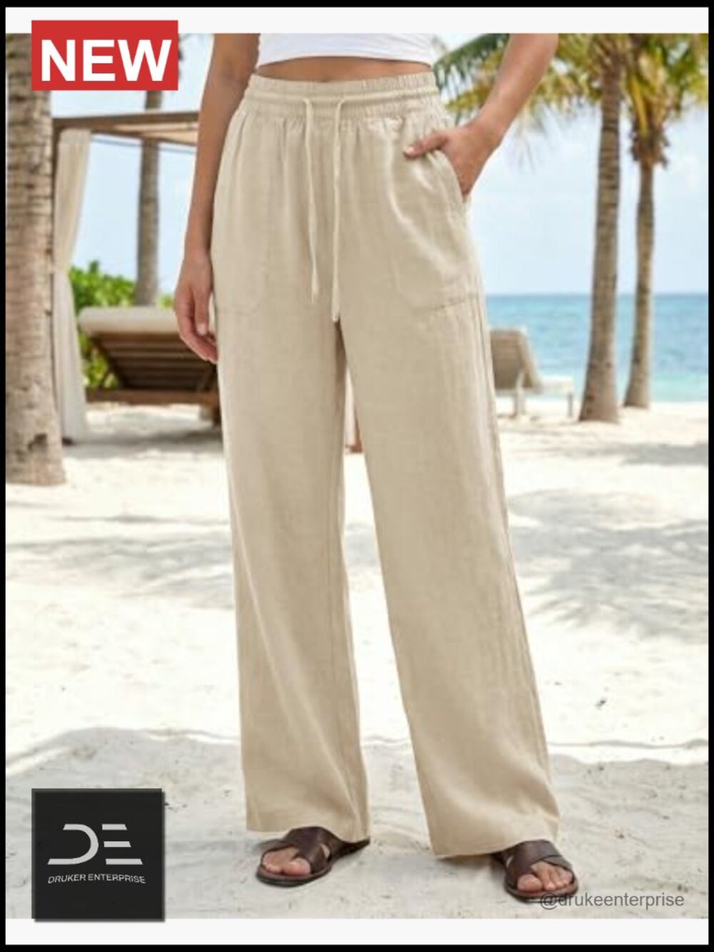 Wide Leg Palazzo Pants with Pockets Drawstring Flowy Beach Linen Trousers - Picture 2 of 6
